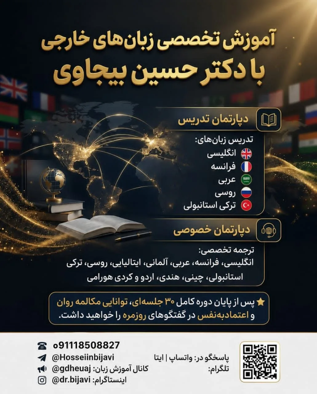 برای یادگیری مکالمه انگلیسی,فرانسه و عربی درخدمتتون هستم.